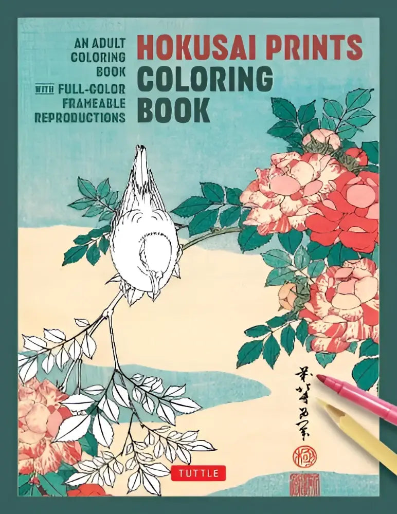 Hokusai prints coloring book adult coloring book met volledig ingekleurde reprodukties van een witte vogel op takken met rode bloesems
