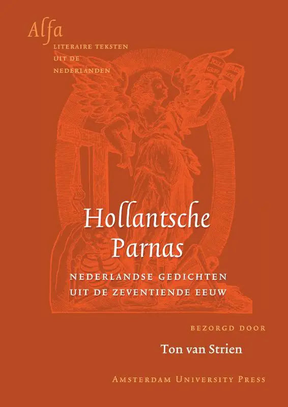 Oranje boekomslag van hollantsche parnas met een gestileerde engel en witte tekst uitgegeven door amsterdam university press