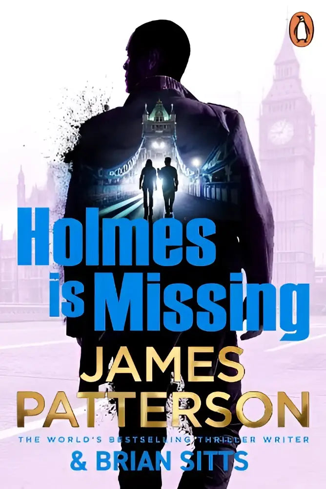 De boekomslag van holmes is missing toont de titel in blauwe letters met auteurs james patterson en brian sitts, deel van margaret and poe serie