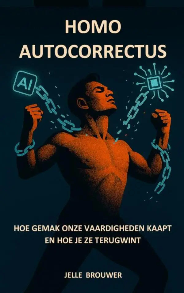 De boekcover van homo autocorrectus toont een gespierde man in oranje en zwart die vaardigheden kaapt ketens breekt