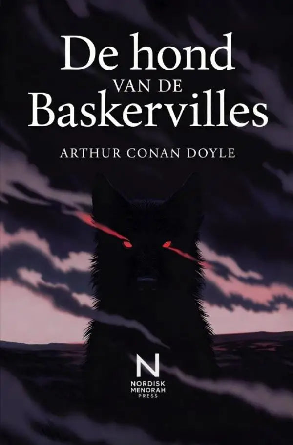 Donkere illustratie van een wolf met gloeiende rode ogen tegen een schemerige hemel bij de sherlock holmes mysterie de hond van de baskervilles
