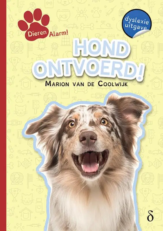 Een vrolijke australian shepherd met merle vacht op de voorkant van het kinderboek hond ontvoerd serie dierenalarm