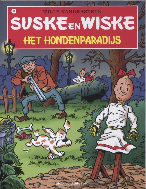 Het kleurrijke omslag van de suske en wiske strip het hondenparadijs van willy vandersteen in klassieke belgische stijl