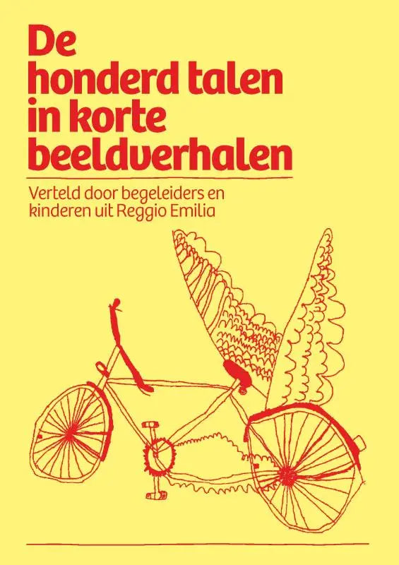 Illustratie van een rode lijntekening van een fiets met vleugels op een gele achtergrond voor korte beeldverhalen reggio emilia jonge lezers