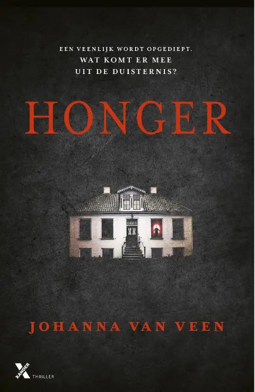 De boekcover van honger toont de titel in oranje letters en een wit huis tegen een donkere achtergrond