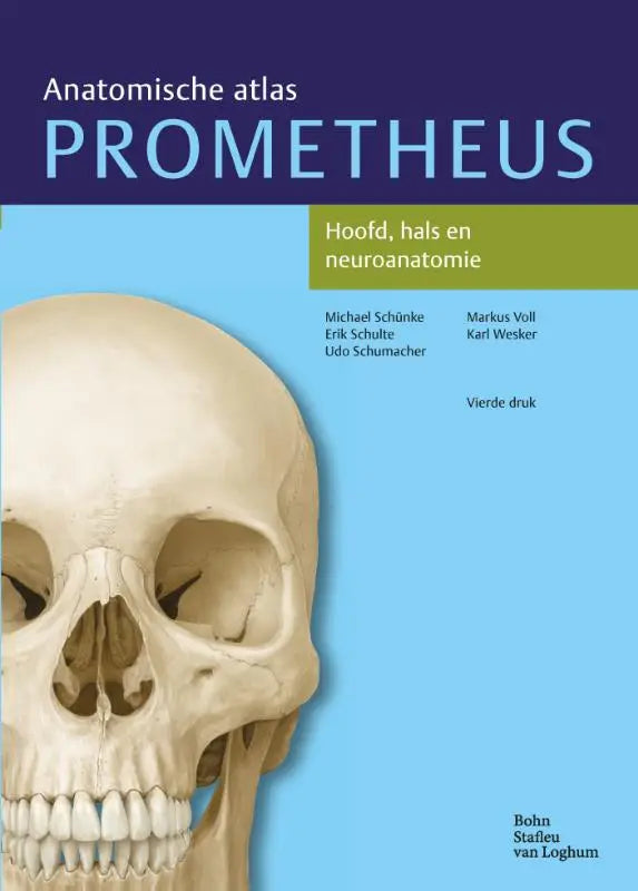 De cover van het anatomische atlas prometheus boek hoofd hals en neuroanatomie toont een gedetailleerde beige schedelillustratie door erik schulte michael schünke en udo schumacher