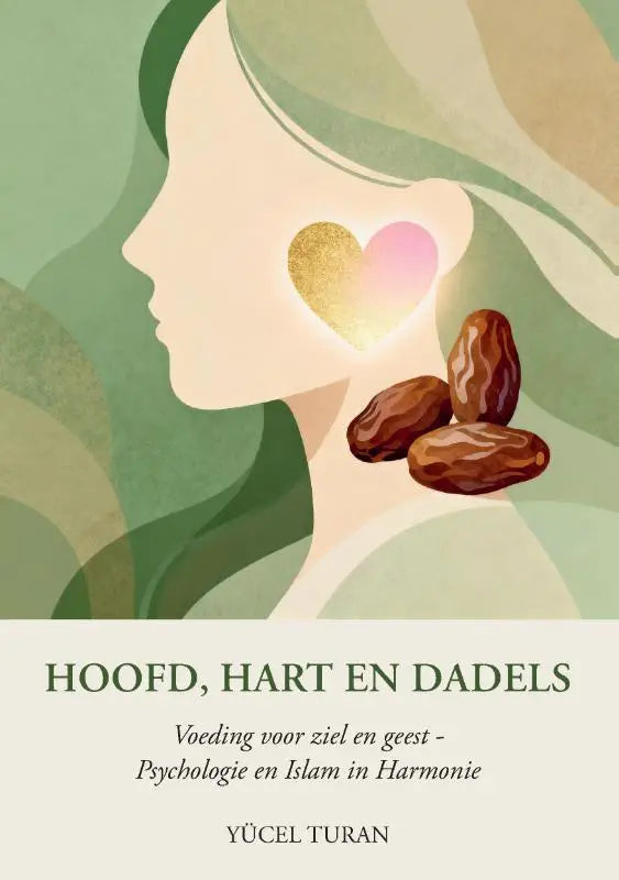 Boekcover van hoofd hart en dadels met illustratie van vrouw en dadels in zachte groene tinten over islam en harmonie