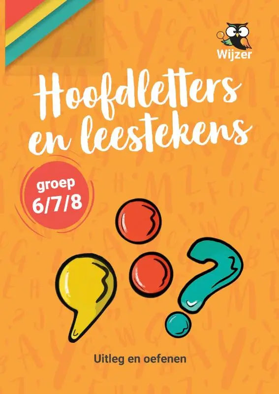 Vibrant oranje educatief werkboek hoofdletters en leestekens met kleurrijke vraagtekens voor groep 6 7 8