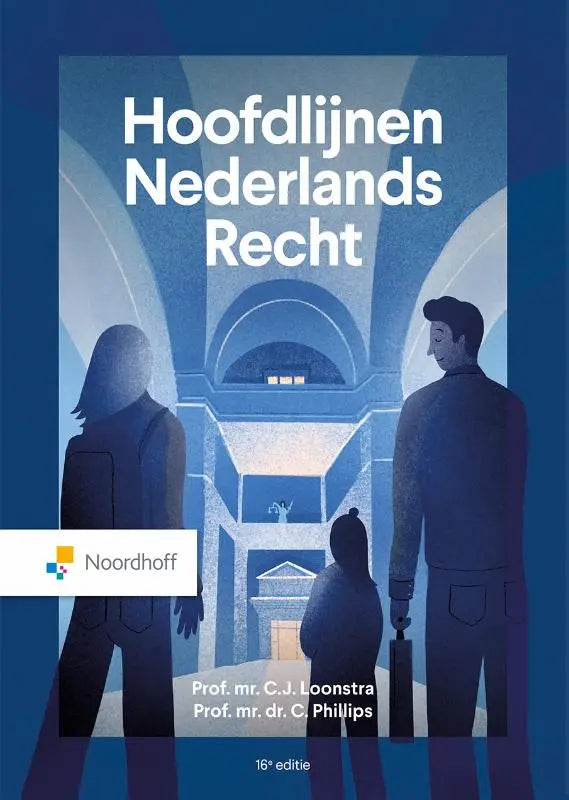 Blauwe geïllustreerde boekcover Hoofdlijnen Nederlands recht 16e druk prof. auteurs