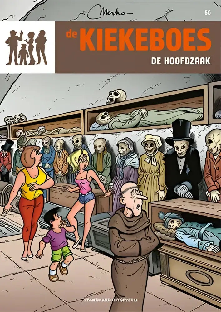 De kiekeboes de hoofdzaak stripboek cover met cartoonfiguren en schedels op planken van merho