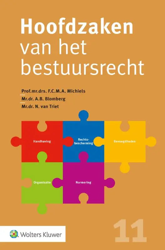 Oranje boekcover met kleurrijk puzzelontwerp voor hoofdzaken van het bestuursrecht door wolters kluwer nederland
