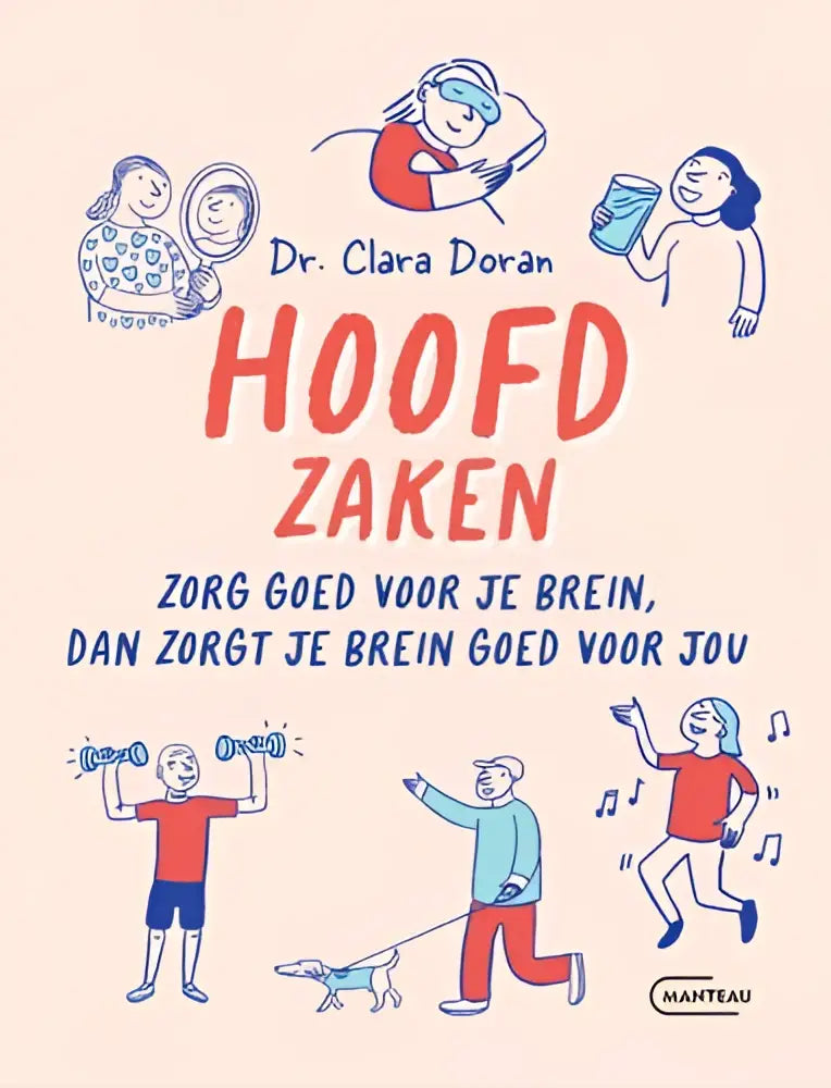 De boekcover van Hoofdzaken toont rode en blauwe tekst op perzikachtergrond met illustraties van gezonde activiteiten