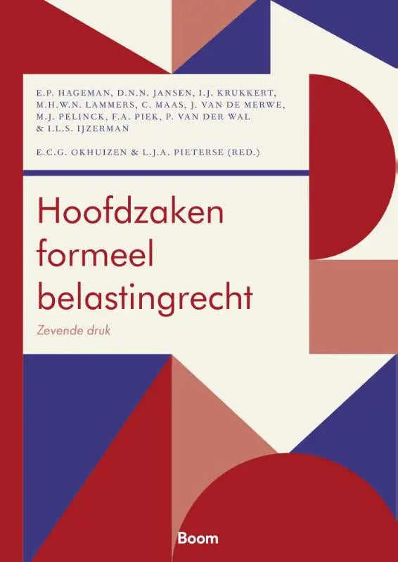 De boekcover van hoofdzaken formeel belastingrecht toont een rood, blauw en wit geometrisch ontwerp met duidelijke typografie
