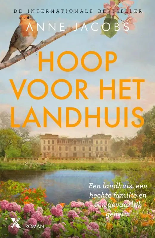 Hoop voor het landhuis illustratie van oranje witte roodborst op tak boven groot landhuis in zachte aquareltoon