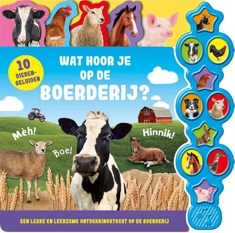 Zwarte en witte koe met vriendelijk gezicht op de voorkant van het interactieve geluidenboek wat hoor je op de boerderij voor jonge lezers