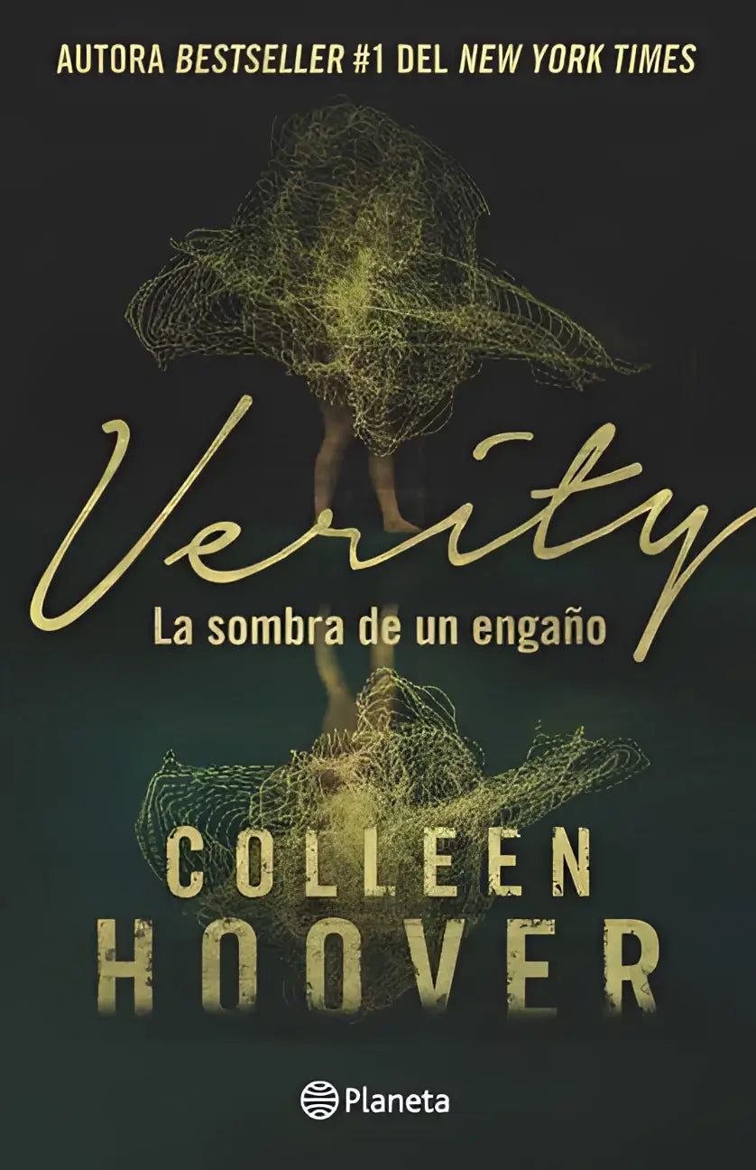 De boekcover van Hoover, C Verity la sombra de un engaño toont een gestileerd gouden draadmodel tegen een donkere achtergrond