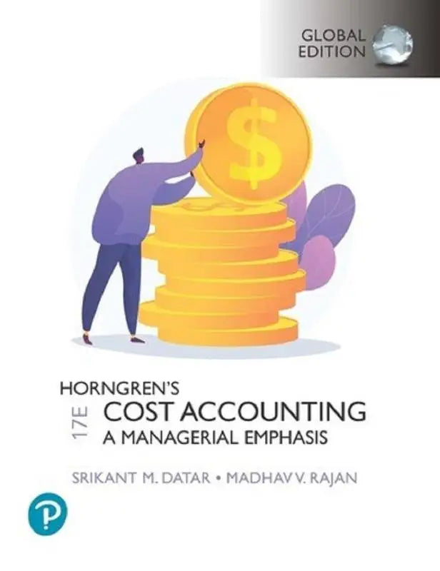 Illustratie van gouden muntenstapel met dollarteken en paarse figuur die topmunt duwt bij horngrens cost accounting management control editie
