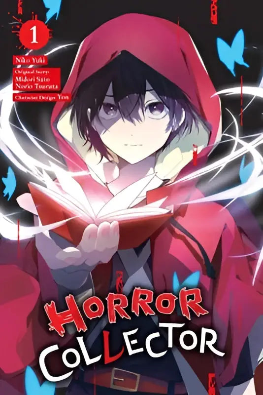 Anime personage met rode kapmantel en zwarte rand die een gloeiend rood boek vasthoudt uit horror collector voor jonge lezers