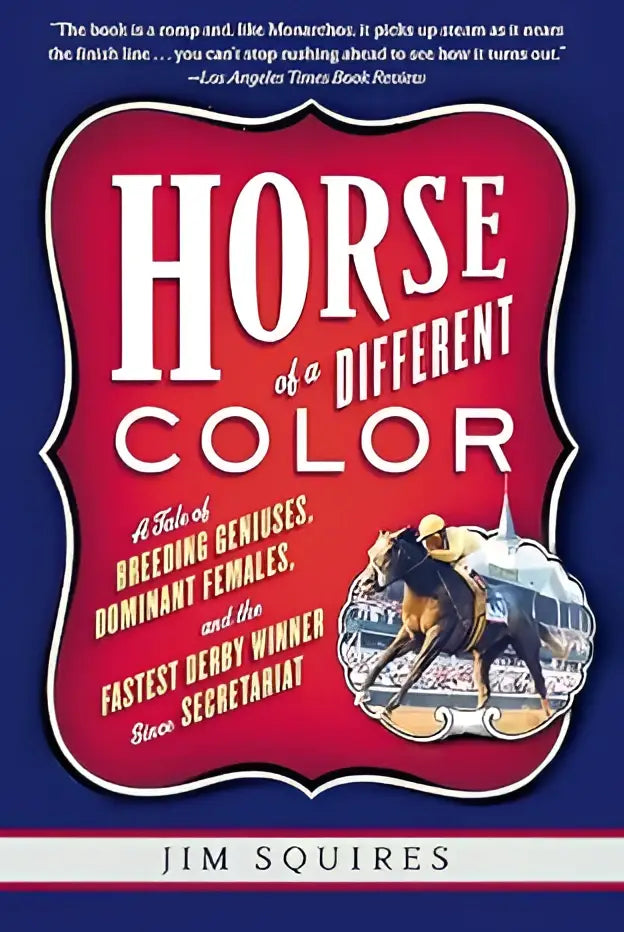 Boekcover van horse of a different color door jim squires met illustratie van een snel bewegend renpaard in rood en blauw