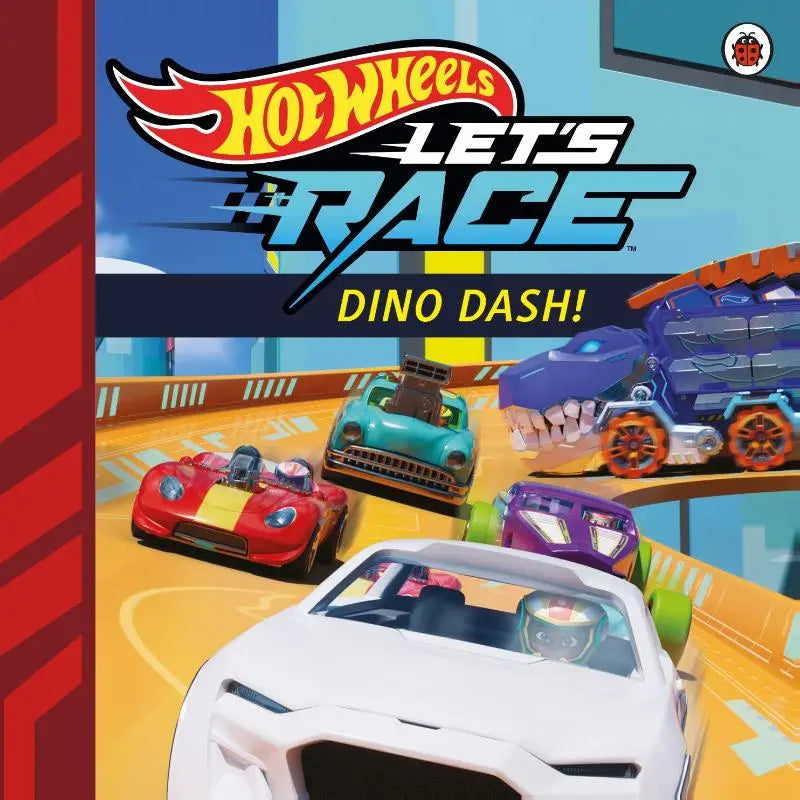A vibrant cover of hot wheels let’s race dino dash children’s book with colorful toy cars on an orange track