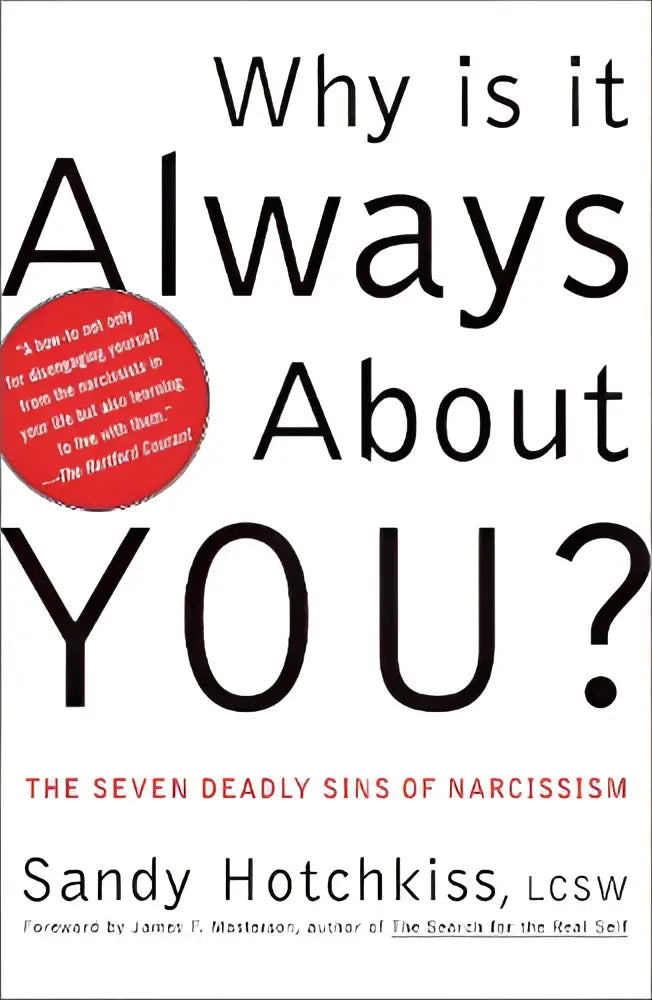 Witte hardcover boek hotchkiss s why is it always about you met zwarte tekst en rode sticker op de voorkant