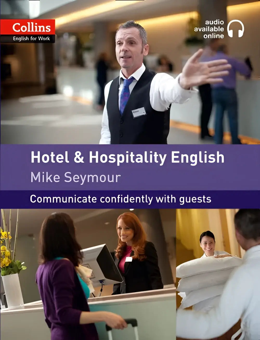 Cover van het boek Hotel and Hospitality English A1-A2 van Collins met een glimlachende hotelmedewerker in zwarte vest en blauwe das