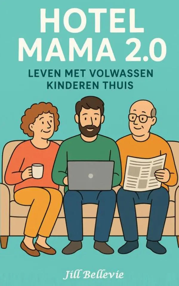 De cover van het boek hotel mama 2.0 met een cartoon van drie mensen op een bank over volwassen kinderen thuis