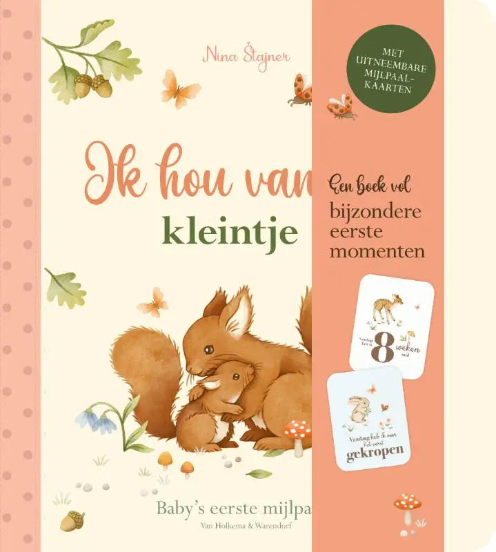 Een zacht perzikkleurig kinderboek ik hou van jou kleintje met een tekening van een eekhoorn en baby