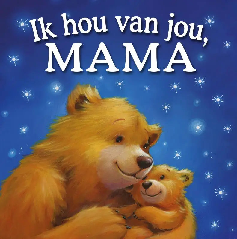 Een zachte gouden teddybeer met een liefhebbend kleiner jongere lezers knuffelend tegen een sterrende blauwe achtergrond