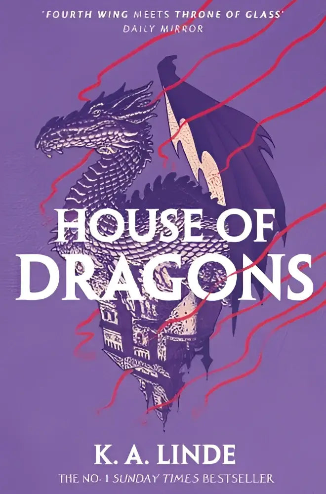 Paars boekomslag met zwart-witte draak en rode bliksemschichten getiteld house of dragons over royal houses