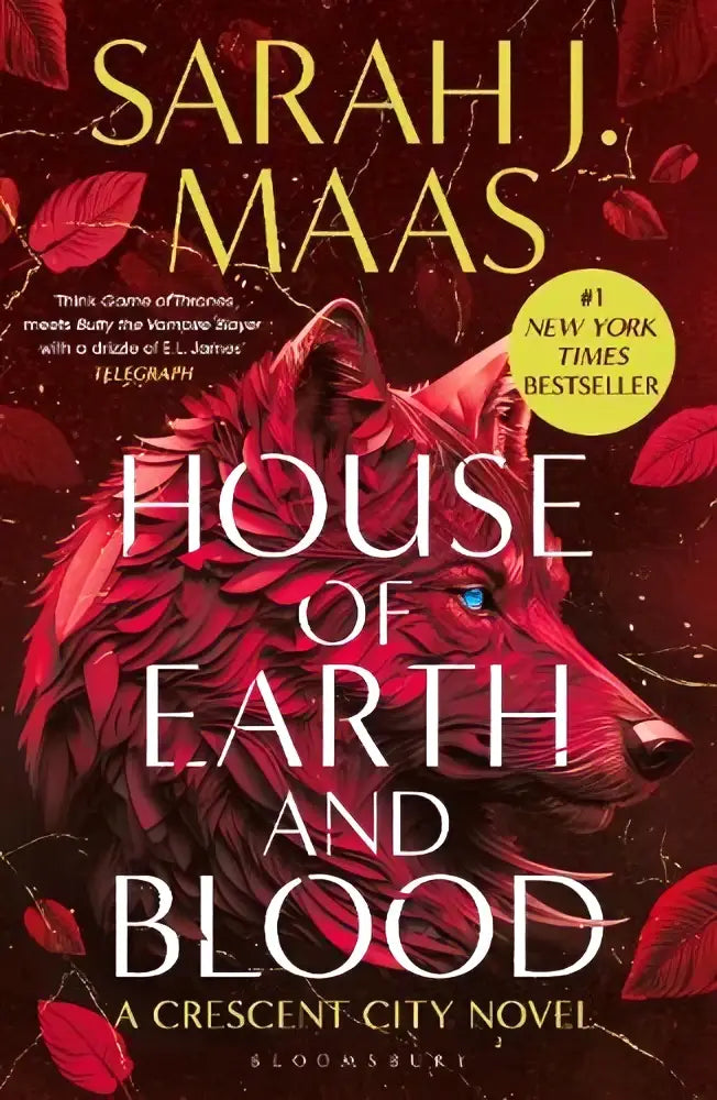 Rood wolf-faced boekomslag met zwarte tekst en gele new york times bestseller sticker voor het eerste boek house of earth and blood