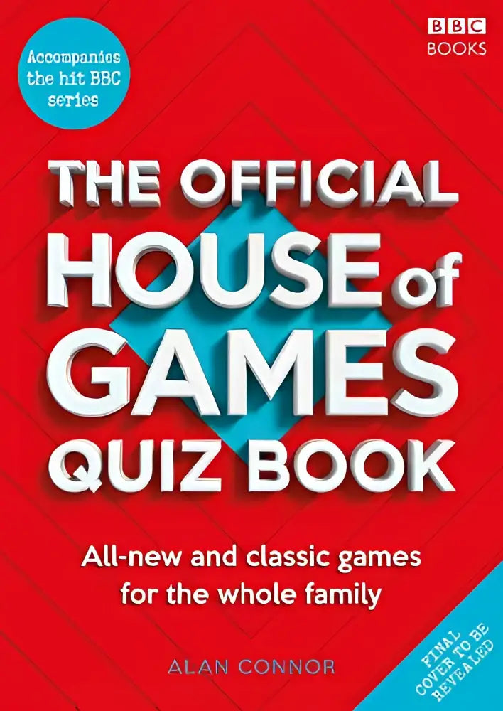 Rood hardcover games quiz book house of games met witte en teal tekst en geometrisch ontwerp op de omslag