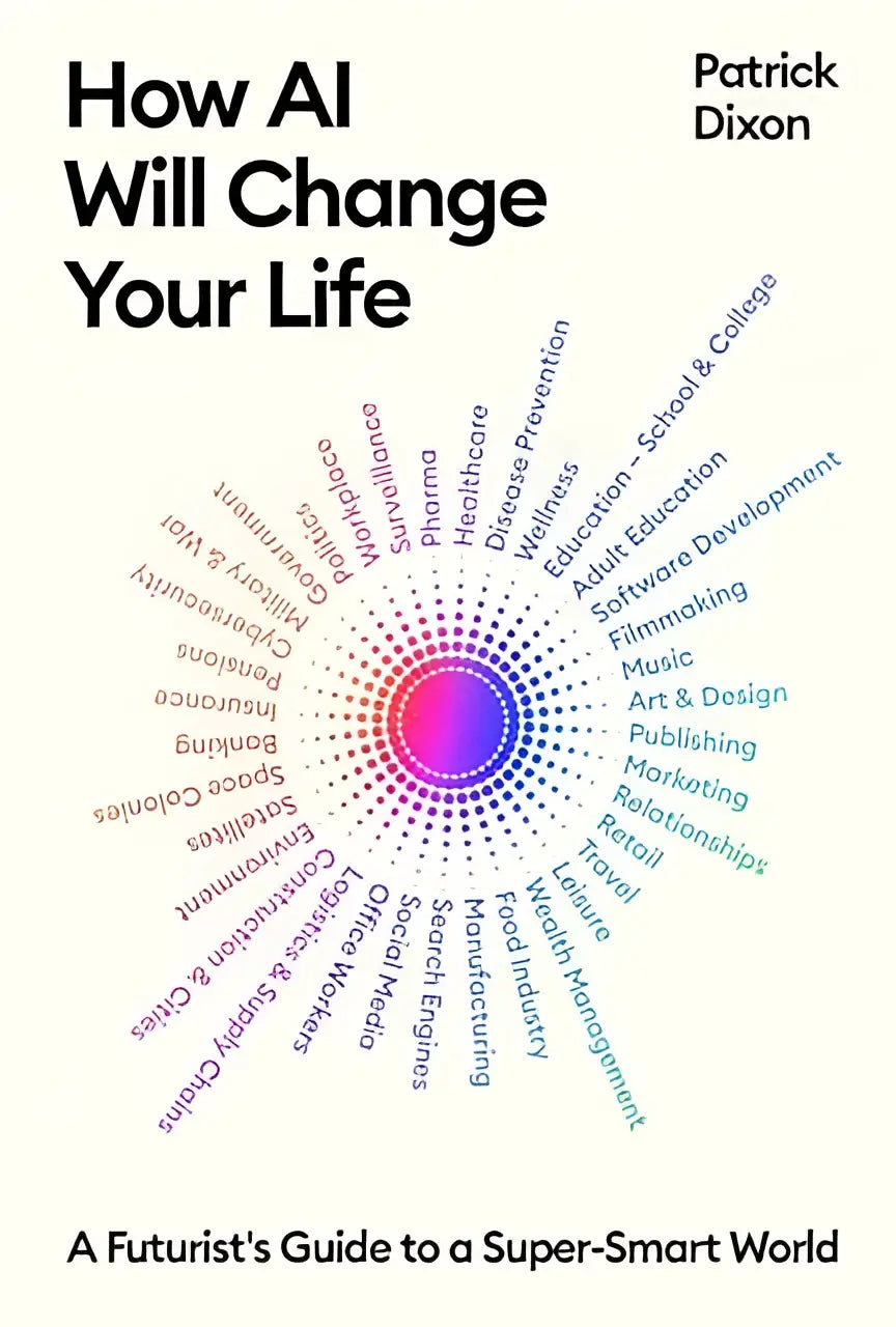 De boekcover van how ai will change your life door patrick dixon toont een stralend paarsblauw ontwerp over hoe ai zal veranderen