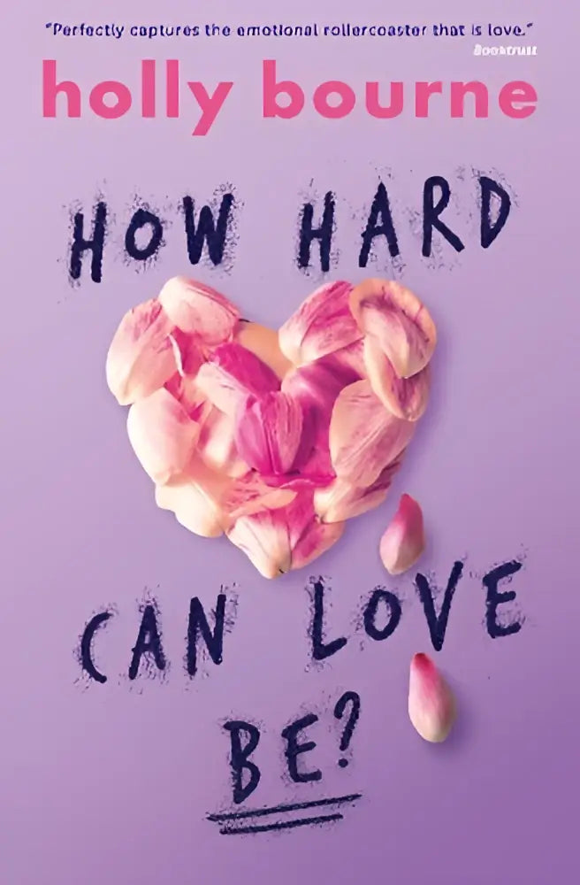 A purple book cover for how hard can love be with a heart-shaped arrangement of pink and white petals