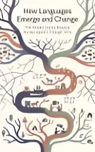 Het boek how languages emerge and change toont abstracte wortelpatronen in aardetinten die de verborgen krachten vormgeven