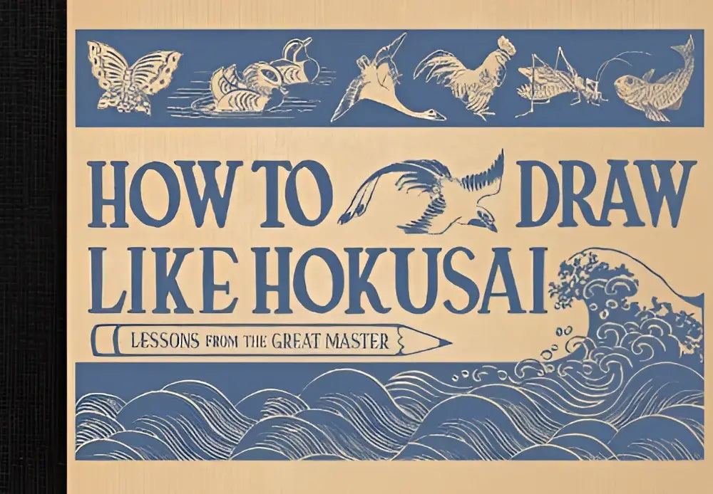 Blauw en crème boekomslag met traditionele japanse lijntekeningen van vogels en vissen voor lessons from the great master