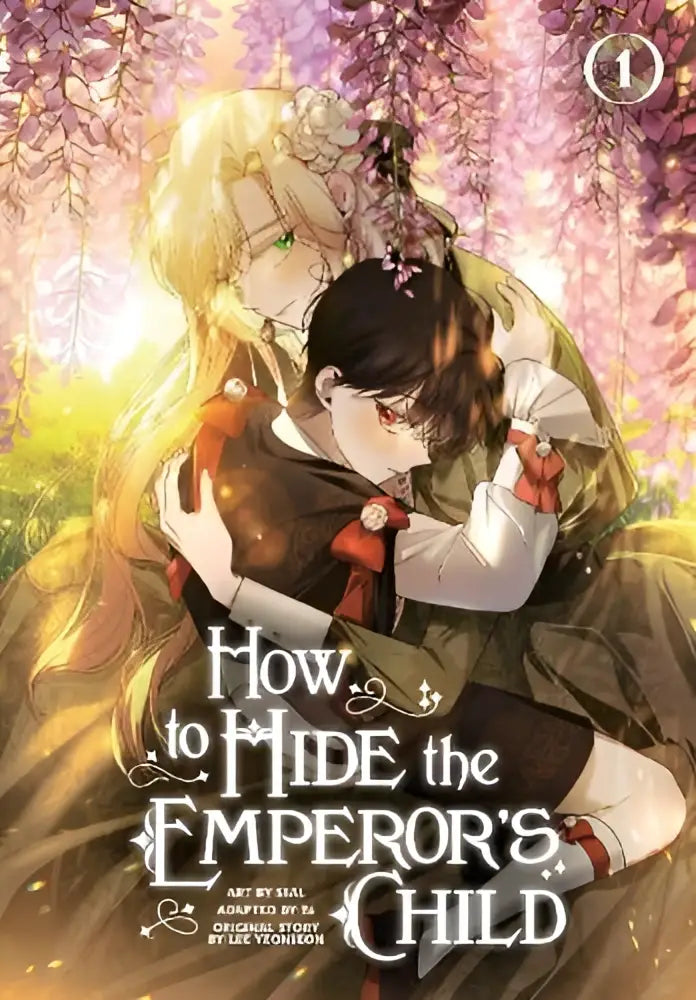 Omslag van de manga how to hide the emperors child volume 1 met twee personages in een omhelzing onder paarse blauwe regen