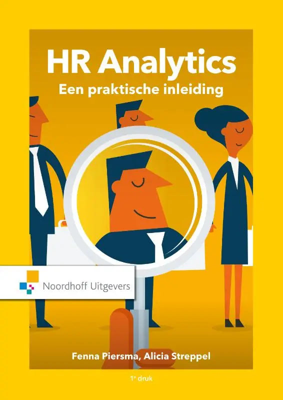 Gele boekomslag van hr analytics met illustraties van zakelijke professionals rond een vergrootglas, auteurs alicia streppel en fenna piersma