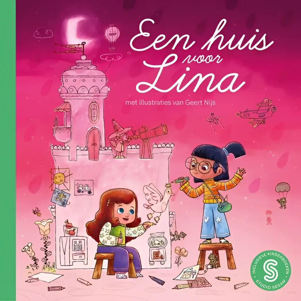 Een huis voor lina sesam-prentenboek roze kinderboek met een fantasiekasteel en twee meisjes in een creatieve kamer voor jonge lezers