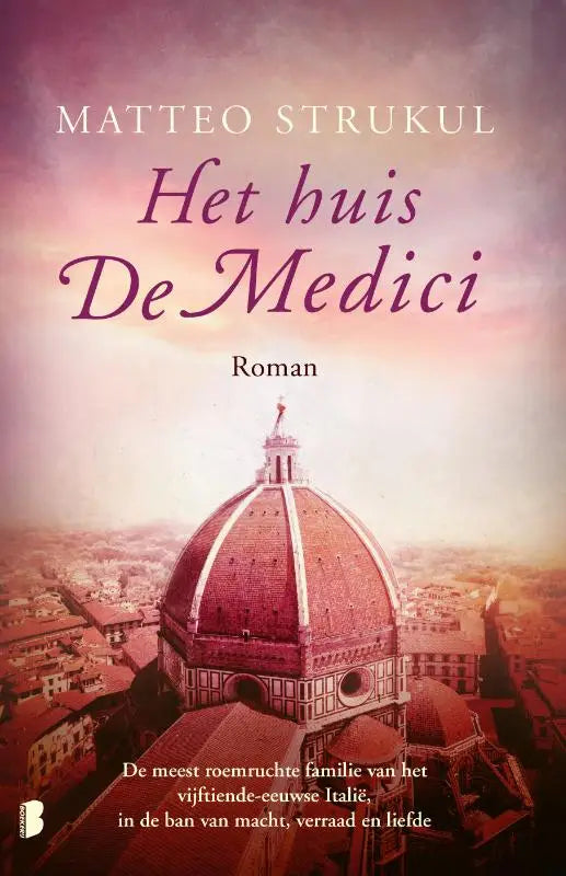 Het boek het huis de medici toont een rode koepel tegen een zachte roze paarse lucht met elegante paarse titel