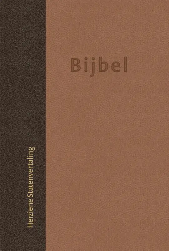 Bruine leren huisbijbel met donkerbruine rug en geperste herziene statenvertaling titel van jongbloed media