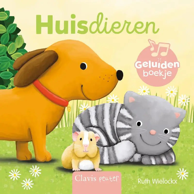 Cheerful orange dog with floppy brown ears beside a gray striped cat and yellow guinea pig on huisdieren cover by ruth wielockx clavis bvba