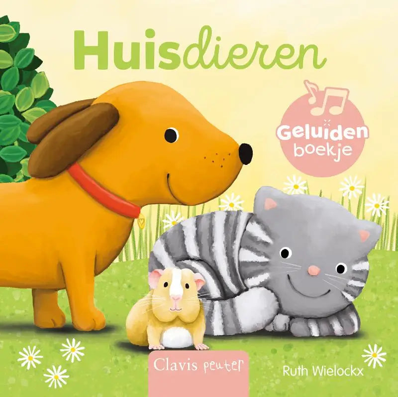 Huisdieren geluidenboekje met een vrolijke oranje hond een grijze kat en een gele cavia voor jonge lezers