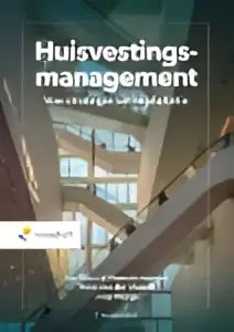 Het boek huisvestingsmanagement toont een moderne glazen en stalen architectuur en is gericht op bedrijfskunde algemeen