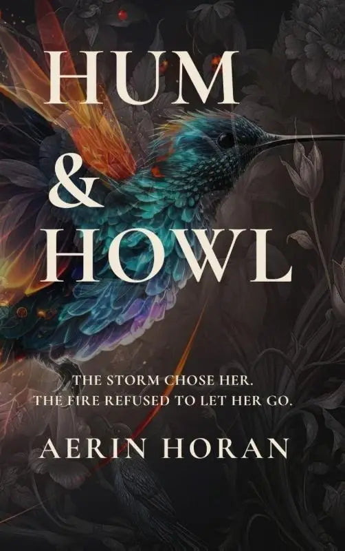 Boekcover van hum & howl met een levendige iriserende kolibrie met teal en paarse veren en vurige oranje vleugels