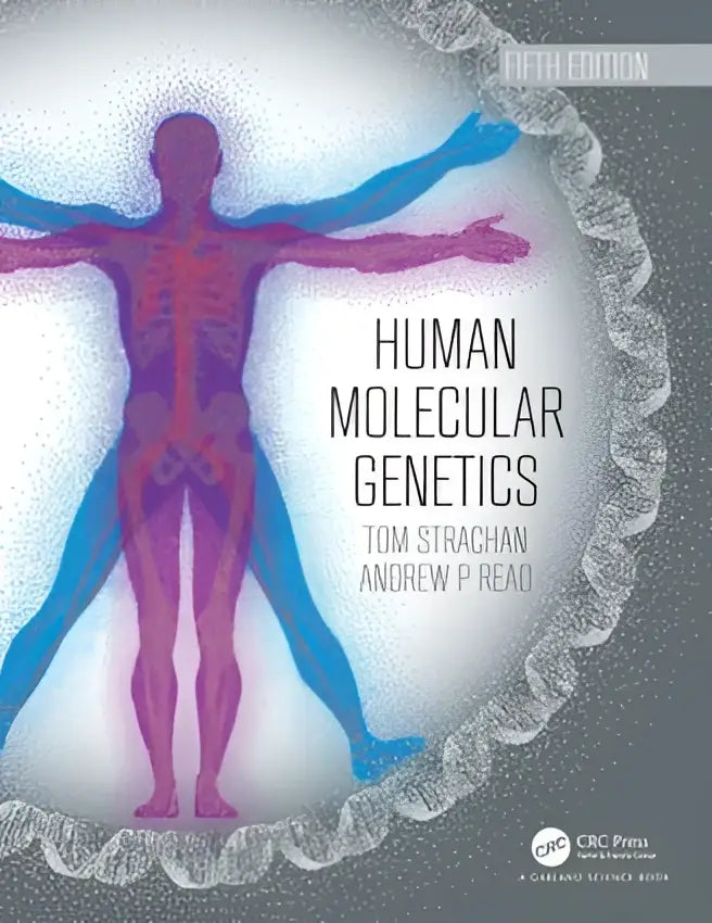 De boekcover human molecular genetics toont een gestileerd menselijk figuur in paarse en blauwe tinten met dna dubbele helix motief