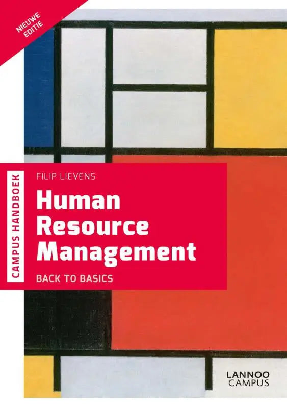 Rood omslagen human resource management handboek van filip lievens met blauw, geel en zwart geometrisch design