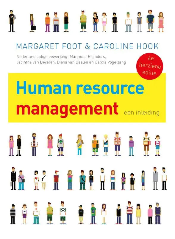 Kleurige geelblauwe boekcover met gepixelde illustraties van diverse mensen voor human resource management een inleiding