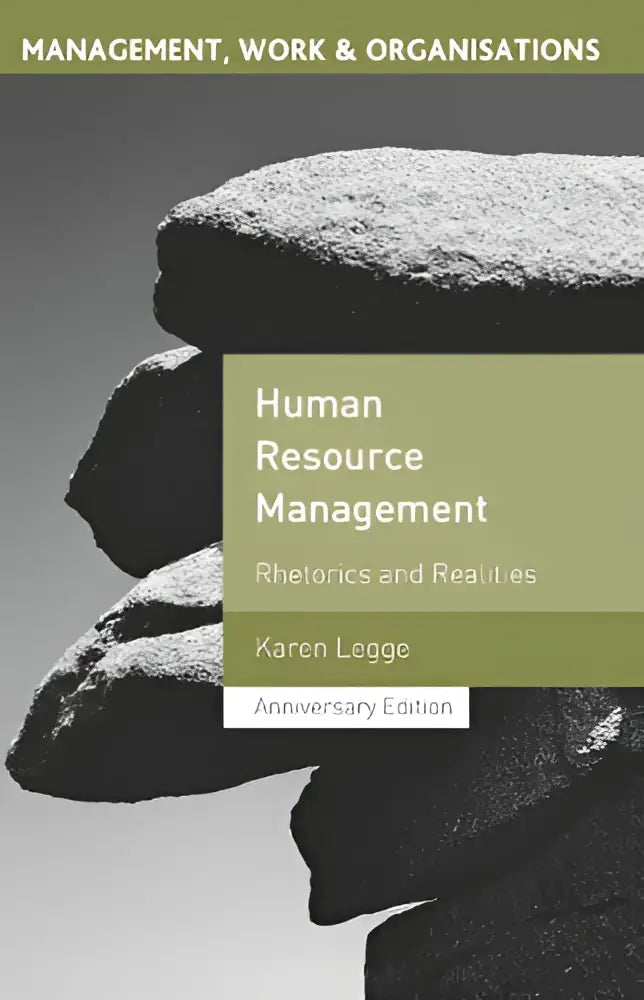 Boekcover van human resource management rhetorics and realities met monochroom beeld van gestapelde stenen en olijfgroene titelbalk