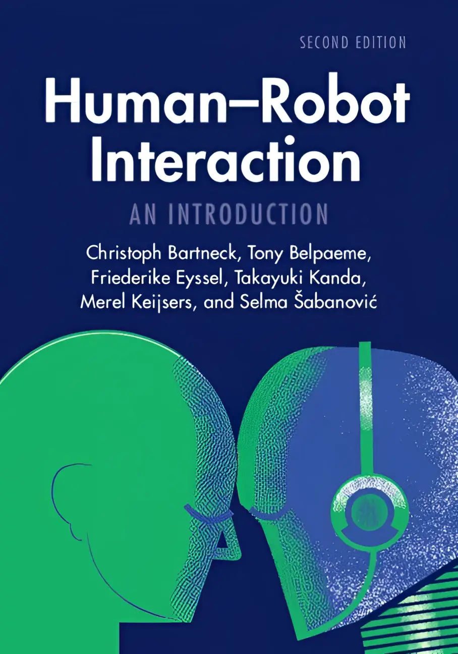 The book cover for human-robot interaction an introduction second edition shows two green human heads facing each other on a deep blue background providing a broad overview from robotics and artificial intelligence